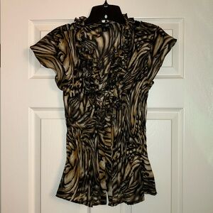 East 5th Sheer Ruffle Neckline Button Up Blouse Top Brown Sz Medium